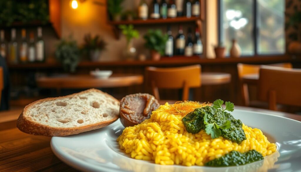 A beautifully arranged plate showcasing typical Milanese cuisine, featuring a golden risotto alla Milanese topped with saffron and accompanied by tender osso buco. In the foreground, delicate artisan bread and a vibrant green pesto are artfully placed. The background includes a softly blurred rustic Italian restaurant, adorned with decorative wine bottles and wooden shelves filled with herbs. Warm, natural lighting enhances the rich colors of the food, creating an inviting atmosphere. The lens captures the image from a slightly elevated angle, allowing for a detailed view of each dish while infusing a cozy and authentic Italian dining experience. The overall mood is warm and delightful, enticing viewers to indulge in the culinary wonders of Milan. A beautifully arranged plate showcasing typical Milanese cuisine, featuring a golden risotto alla Milanese topped with saffron and accompanied by tender osso buco. In the foreground, delicate artisan bread and a vibrant green pesto are artfully placed. The background includes a softly blurred rustic Italian restaurant, adorned with decorative wine bottles and wooden shelves filled with herbs. Warm, natural lighting enhances the rich colors of the food, creating an inviting atmosphere. The lens captures the image from a slightly elevated angle, allowing for a detailed view of each dish while infusing a cozy and authentic Italian dining experience. The overall mood is warm and delightful, enticing viewers to indulge in the culinary wonders of Milan.