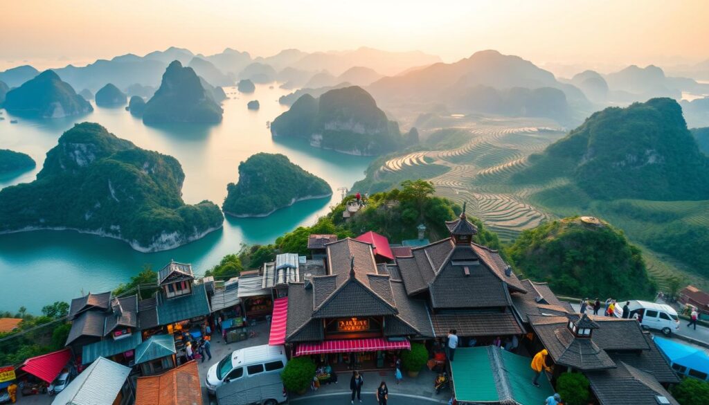 A breathtaking view of Vietnam's iconic tourist attractions, featuring the majestic Ha Long Bay with its emerald waters and towering limestone karsts in the foreground. In the middle ground, capture bustling street scenes from Hanoi, showcasing traditional markets and vibrant street food vendors. In the background, include the lush rice terraces of Sapa, bathed in warm golden light during sunset. The atmosphere should evoke a sense of adventure and cultural richness, highlighting Vietnam's stunning natural beauty and heritage. Use a soft focus to add depth and capture the mood of a perfect sightseeing day, encouraging exploration and wonder. Avoid any text, ensuring a clear visual narrative of Vietnam's enchanting landscapes and lively culture.
