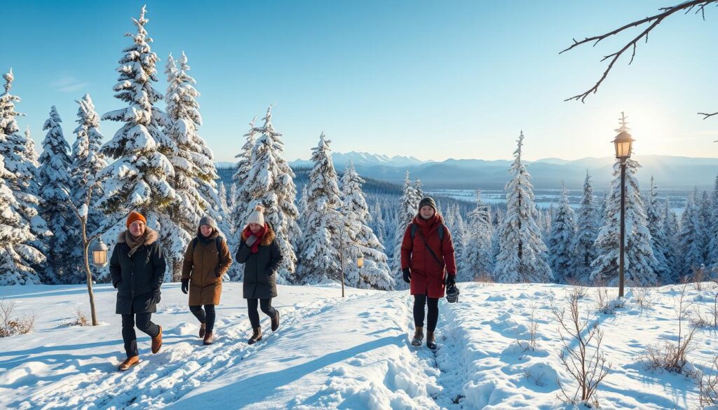 A breathtaking winter landscape showcasing a serene nature adventure in January. In the foreground, a group of travelers clad in warm, modest attire, joyfully exploring a snow-covered forest trail, their breath visible in the crisp air. In the middle ground, majestic snow-laden trees create a picturesque backdrop, while softly glowing lanterns hanging from branches add a warm touch. The background features distant, snowcapped mountains under a clear blue sky, with the gentle light of the low winter sun casting long shadows. The mood is calm and inviting, capturing the essence of a peaceful nature retreat. Use soft, natural lighting to enhance the tranquil atmosphere, with a shallow depth of field to focus on the travelers while softly blurring the background.
