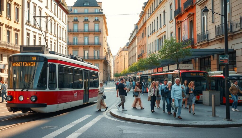 A bustling European city scene highlighting public transport options in budget-friendly countries. In the foreground, a stylish tram glides silently along a wide avenue, while pedestrians in modest casual clothing wait to board. The middle ground features a lively bus terminal, with a diverse group of travelers checking schedules. Vintage buildings frame the background, capturing a quaint yet vibrant atmosphere. Bright golden sunlight casts warm shadows, enhancing the charm of the historic architecture. Use a wide-angle lens to emphasize the dynamic interplay of transport and urban life, blending subtle elements of nature, like small trees lining the streets, to evoke a sense of approachability. The overall mood should be inviting and optimistic, reflecting the ease of travel in affordable European destinations.