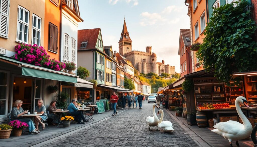 A captivating European travel scene showcasing some of the cheapest vacation destinations. In the foreground, a picturesque cobblestone street lined with charming, colorful buildings adorned with vibrant flowers. To the left, a quaint café with people enjoying coffee, depicted in modest casual clothing, enhancing the warm atmosphere. The middle ground features a bustling marketplace filled with local artisans selling crafts and fresh produce, adding life to the scene. In the background, iconic landmarks like a historic castle and a serene lake with swans gliding gracefully. The lighting captures a golden hour glow, casting long shadows and creating a dreamy, inviting mood. Use a wide-angle lens to emphasize depth and vibrancy, ensuring a heartwarming and adventurous ambiance. A captivating European travel scene showcasing some of the cheapest vacation destinations. In the foreground, a picturesque cobblestone street lined with charming, colorful buildings adorned with vibrant flowers. To the left, a quaint café with people enjoying coffee, depicted in modest casual clothing, enhancing the warm atmosphere. The middle ground features a bustling marketplace filled with local artisans selling crafts and fresh produce, adding life to the scene. In the background, iconic landmarks like a historic castle and a serene lake with swans gliding gracefully. The lighting captures a golden hour glow, casting long shadows and creating a dreamy, inviting mood. Use a wide-angle lens to emphasize depth and vibrancy, ensuring a heartwarming and adventurous ambiance.