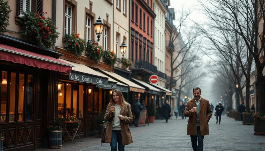 A cozy European street scene in November, showcasing popular destinations like quaint cafés, beautiful autumn foliage, and iconic architecture. In the foreground, a couple in modest casual clothing strolls hand-in-hand, sipping warm drinks. The middle features charming buildings adorned with seasonal decorations, while street lamps cast a soft, warm glow enhancing the inviting atmosphere. In the background, leafless trees and a hint of mist add to the serene mood, suggesting a crisp autumn day. The lighting is soft and diffused, reminiscent of early morning or late afternoon, capturing the tranquility and charm of comfortable travel in Europe during this time of year. A cozy European street scene in November, showcasing popular destinations like quaint cafés, beautiful autumn foliage, and iconic architecture. In the foreground, a couple in modest casual clothing strolls hand-in-hand, sipping warm drinks. The middle features charming buildings adorned with seasonal decorations, while street lamps cast a soft, warm glow enhancing the inviting atmosphere. In the background, leafless trees and a hint of mist add to the serene mood, suggesting a crisp autumn day. The lighting is soft and diffused, reminiscent of early morning or late afternoon, capturing the tranquility and charm of comfortable travel in Europe during this time of year.