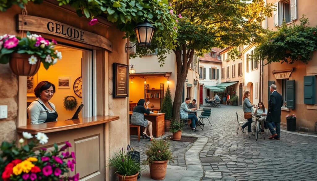 A cozy, inviting European budget accommodation scene, showcasing a charming small hotel or guesthouse set in a picturesque village. The foreground features an entryway adorned with flowers, where a friendly reception clerk in professional attire greets guests. In the middle ground, glimpses of a communal area with travelers relaxing, chatting, and enjoying a warm beverage create a welcoming atmosphere. The background captures cobblestone streets and quaint buildings typical of European architecture, illuminated by warm, soft morning sunlight filtering through trees. The image evokes a sense of warmth, comfort, and affordability, emphasizing the idea of discovering budget-friendly lodging options in beautiful locations.