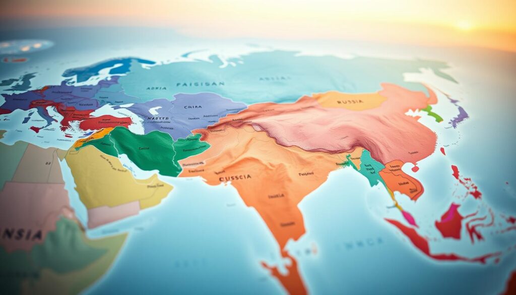 A detailed and visually striking map of Asia showcasing the geographical divisions of its largest countries. In the foreground, focus on countries like China, India, and Russia, highlighted with vibrant colors for easy identification. In the middle ground, illustrate bordering nations, using varying shades to represent different geographical features, such as mountains and rivers. The background should feature a subtle gradient sky, evoking a serene atmosphere, with soft lighting that suggests dawn. The perspective is slightly elevated, as if viewed from above, giving a comprehensive overview of the continent. Aim for a clean, educational style without any text or annotations, ensuring a polished finish appropriate for a professional article. A detailed and visually striking map of Asia showcasing the geographical divisions of its largest countries. In the foreground, focus on countries like China, India, and Russia, highlighted with vibrant colors for easy identification. In the middle ground, illustrate bordering nations, using varying shades to represent different geographical features, such as mountains and rivers. The background should feature a subtle gradient sky, evoking a serene atmosphere, with soft lighting that suggests dawn. The perspective is slightly elevated, as if viewed from above, giving a comprehensive overview of the continent. Aim for a clean, educational style without any text or annotations, ensuring a polished finish appropriate for a professional article.