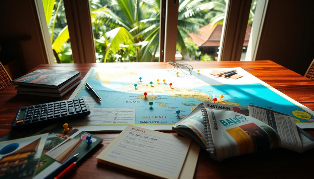 A detailed travel planning scene showcasing a vibrant Bali map spread out on a wooden table, adorned with travel essentials like a calculator, a notepad, and colorful pins marking budget accommodations and attractions. In the foreground, include a neatly arranged stack of tropical-themed brochures and budget sheets, emphasizing cost-effective travel tips. The middle should feature a bright sunlit window casting warm light onto the map, highlighting key areas of interest in Bali. In the background, incorporate greenery from palm trees and traditional Balinese architecture, evoking a sense of adventure. The atmosphere should be bright and inviting, conveying a sense of excitement for budget travel planning. Utilize a wide-angle lens perspective for a spacious feel, ensuring clarity and detail in all elements. A detailed travel planning scene showcasing a vibrant Bali map spread out on a wooden table, adorned with travel essentials like a calculator, a notepad, and colorful pins marking budget accommodations and attractions. In the foreground, include a neatly arranged stack of tropical-themed brochures and budget sheets, emphasizing cost-effective travel tips. The middle should feature a bright sunlit window casting warm light onto the map, highlighting key areas of interest in Bali. In the background, incorporate greenery from palm trees and traditional Balinese architecture, evoking a sense of adventure. The atmosphere should be bright and inviting, conveying a sense of excitement for budget travel planning. Utilize a wide-angle lens perspective for a spacious feel, ensuring clarity and detail in all elements.