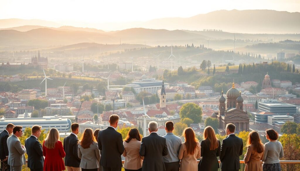 A panoramic view showcasing Europe's most populous country, with a juxtaposition of its challenges and opportunities. In the foreground, a diverse group of professionals in business attire engaged in discussion, symbolizing teamwork and innovation. The middle ground features a bustling urban landscape with modern architecture and renewable energy solutions like wind turbines. In the background, rolling hills and historical landmarks represent a rich cultural heritage. Soft, warm sunlight filters through the scene, creating a hopeful atmosphere. Capture this moment from a slightly elevated angle, emphasizing both the vibrancy of city life and the calming presence of nature. The overall mood should be one of optimism and growth, reflecting the unfolding narrative of progress amidst adversity.