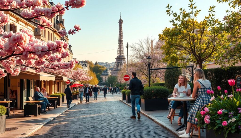 A picturesque collage depicting vibrant European destinations in April, featuring an iconic city like Paris with blooming cherry blossoms in the foreground, a softly lit sunset casting a warm glow over cobblestone streets. The middle ground showcases charming cafés with outdoor seating, where travelers in modest casual attire linger over coffee. In the background, a stunning view of the Eiffel Tower or a historical European landmark rises against a clear blue sky. Lush green parks with colorful spring flowers frame the scene. The atmosphere conveys a sense of adventure and romance, inviting viewers to explore the beauty of Europe in the springtime. Use natural lighting with a focus on soft shadows to enhance the inviting mood.