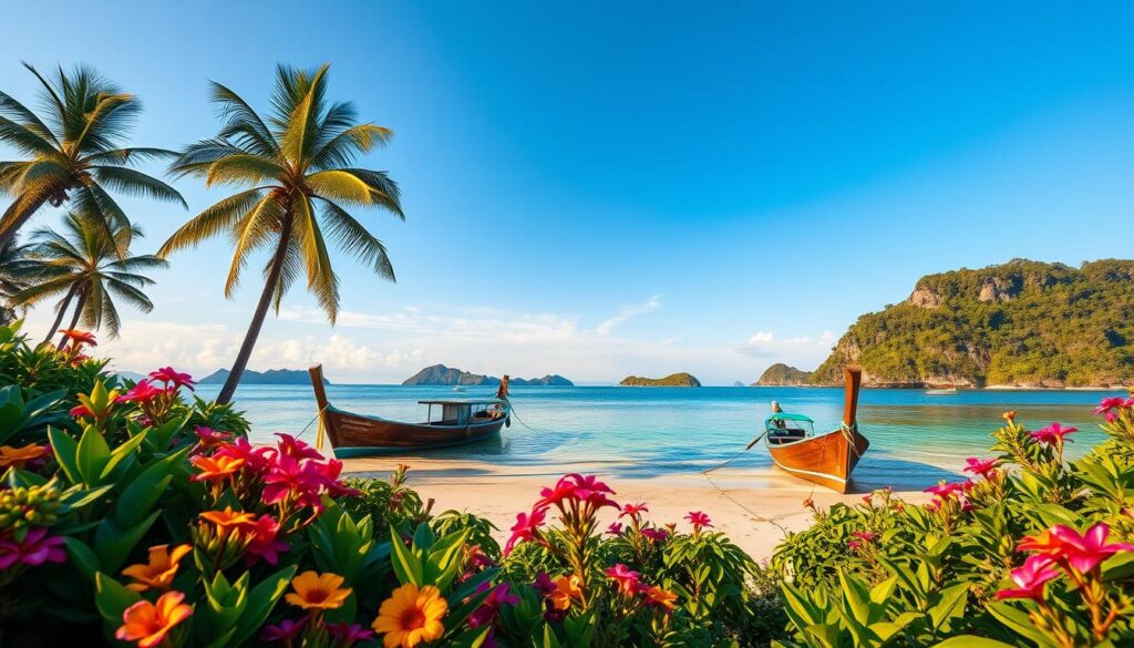 A picturesque representation of small countries and island nations in Asia, focusing on vibrant landscapes and natural beauty. In the foreground, include lush tropical vegetation with colorful flowers and clear blue waters. In the middle ground, depict a serene beach scene with a few traditional wooden boats anchored near the shore, their reflections shimmering in the water. Towering palm trees sway gently in the light breeze. In the background, showcase a few small islands with green hills, under a clear blue sky. The lighting is warm and inviting, capturing a tranquil atmosphere, with soft golden sunlight bathing the scene. Use a wide-angle lens to encompass the expansive view, evoking a sense of exploration and adventure. A picturesque representation of small countries and island nations in Asia, focusing on vibrant landscapes and natural beauty. In the foreground, include lush tropical vegetation with colorful flowers and clear blue waters. In the middle ground, depict a serene beach scene with a few traditional wooden boats anchored near the shore, their reflections shimmering in the water. Towering palm trees sway gently in the light breeze. In the background, showcase a few small islands with green hills, under a clear blue sky. The lighting is warm and inviting, capturing a tranquil atmosphere, with soft golden sunlight bathing the scene. Use a wide-angle lens to encompass the expansive view, evoking a sense of exploration and adventure.