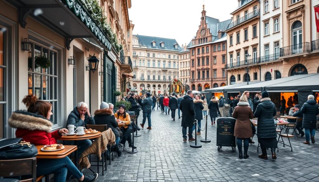 A scenic winter view of European cities to explore in February, featuring charming cobblestone streets lined with cafes and historic architecture. In the foreground, a quaint cafe terrace with patrons wrapped in warm coats, sipping coffee and enjoying pastries. The middle ground reveals a picturesque plaza bustling with visitors admiring local art and street performers, surrounded by beautiful buildings with intricate facades. In the background, soft, falling snowflakes complement a pale winter sky, casting a gentle glow over the scene. The mood is warm, inviting, and adventurous, capturing the essence of exploring European destinations in the winter season. Focus on natural lighting with a slight golden hour ambiance to enhance the cozy atmosphere.
