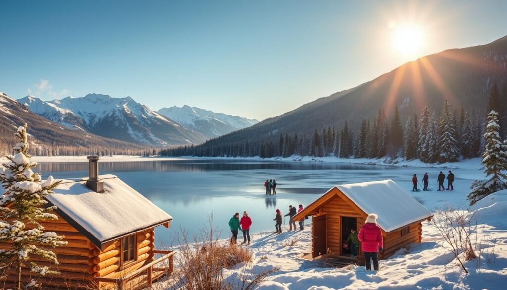 A serene and inviting winter landscape showcasing budget-friendly travel destinations in January. In the foreground, a small, cozy cabin made of wood, adorned with twinkling fairy lights and a gentle plume of smoke rising from the chimney. In the middle ground, a tranquil frozen lake reflecting the soft morning light, with snow-capped trees lining its banks. A group of travelers in warm, modest winter attire, engaged in outdoor activities like ice skating and snowshoeing, radiating joy and camaraderie. In the background, majestic mountains under a clear blue sky, bathed in soft golden sunlight, creating a peaceful and adventurous atmosphere. The image should be vibrant yet calm, highlighting the charm of affordable winter getaways without any text or distractions.