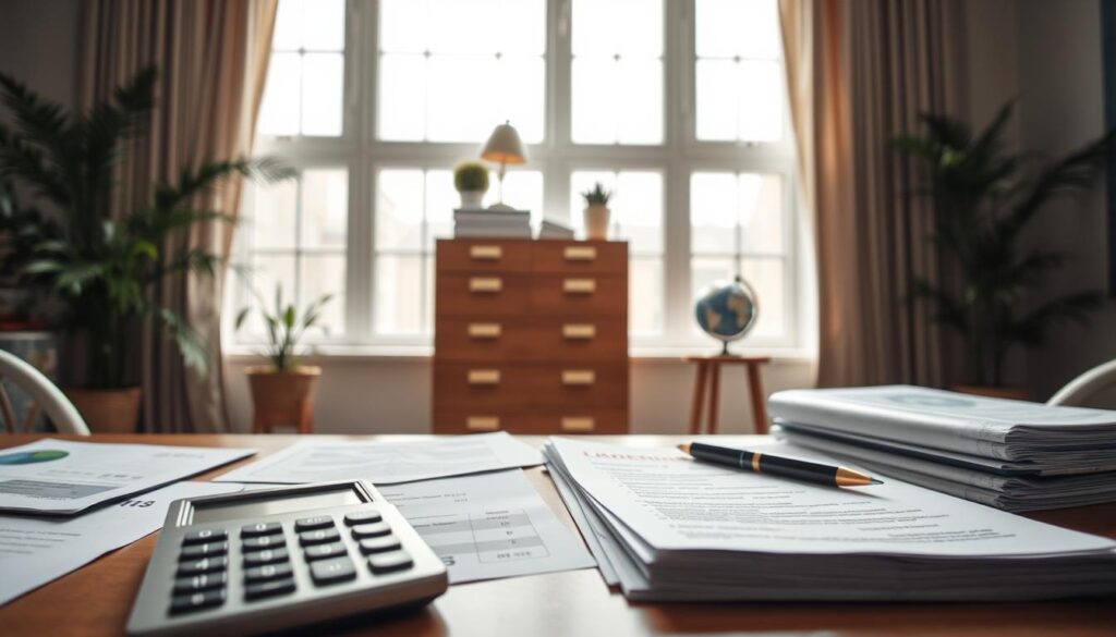 A serene and professional workspace featuring a neatly arranged desk with documents related to travel expenses and financial reports. In the foreground, a calculator, a pen, and a stack of forms, including guides on reporting limits for larger amounts. The middle ground showcases a well-organized filing cabinet, perhaps adorned with subtle travel-related items like a globe or a small map. In the background, large windows let in soft, natural light, casting gentle shadows across the room. The atmosphere is calm and focused, conveying diligence and responsibility in financial planning. Use a slightly elevated angle to encompass the entire setting, highlighting the importance of understanding travel money reporting requirements while keeping the scene welcoming and professional.