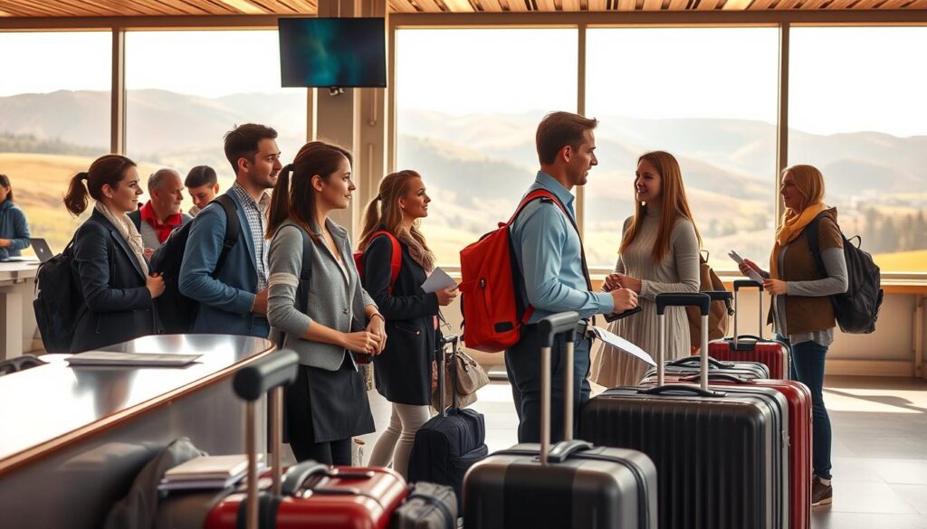 A serene border checkpoint scene depicting a diverse group of travelers, each dressed in smart casual attire, interacting with customs officers in professional uniforms at a well-maintained border facility. In the foreground, there are suitcases and travel documents neatly arranged on a counter, symbolizing cross-border travel. The middle ground features the customs officers consulting with the travelers, their expressions curious yet friendly, conveying a sense of cooperation. Warm, natural lighting filters in through large windows, creating a welcoming atmosphere. In the background, rolling hills and scenic landscapes peek through the border post, representing the journey that lies ahead. The overall mood is one of adventure and adherence to regulations, emphasizing the theme of travel and border rules.