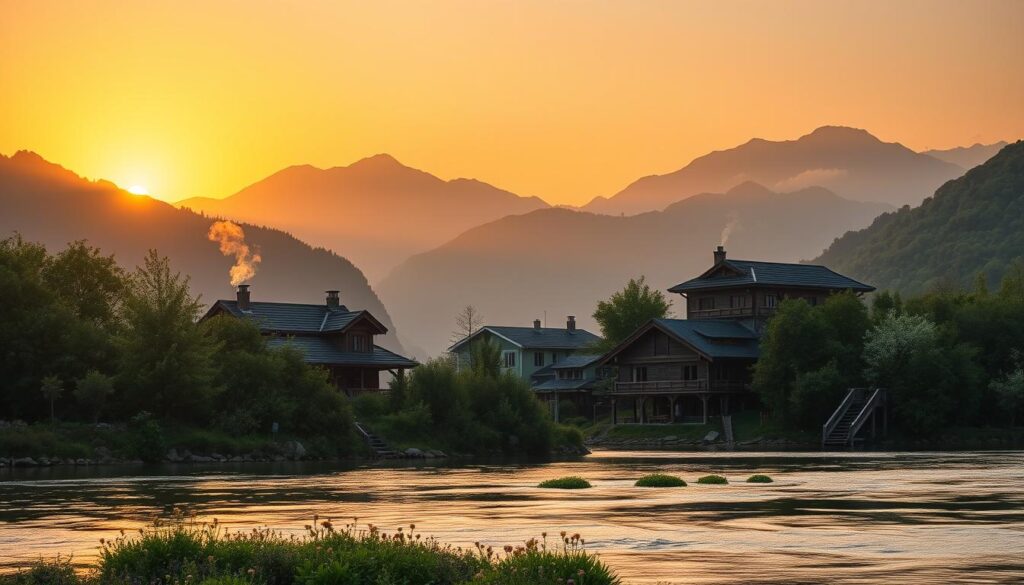 A serene landscape of North Asia during a golden sunset, showcasing pristine natural beauty. In the foreground, a tranquil river reflects the warm hues of the sky, flanked by lush green trees and wildflowers. The middle ground features traditional wooden houses constructed in the local architectural style, with smoke gently curling from chimneys, suggesting warmth and homeliness. Majestic mountains rise in the background, partially shrouded in mist, hinting at adventure and exploration. Soft, diffused lighting creates a peaceful atmosphere, with the sun low on the horizon casting long shadows. The scene conveys a sense of tranquility and the untouched beauty of North Asian wilderness, inviting viewers to imagine travel and discovery. A serene landscape of North Asia during a golden sunset, showcasing pristine natural beauty. In the foreground, a tranquil river reflects the warm hues of the sky, flanked by lush green trees and wildflowers. The middle ground features traditional wooden houses constructed in the local architectural style, with smoke gently curling from chimneys, suggesting warmth and homeliness. Majestic mountains rise in the background, partially shrouded in mist, hinting at adventure and exploration. Soft, diffused lighting creates a peaceful atmosphere, with the sun low on the horizon casting long shadows. The scene conveys a sense of tranquility and the untouched beauty of North Asian wilderness, inviting viewers to imagine travel and discovery.