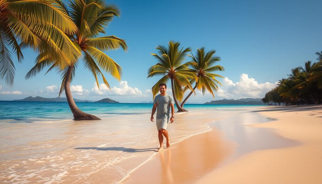 A serene tropical beach scene in November, featuring soft golden sands and crystal-clear turquoise waters lapping at the shore. In the foreground, a couple in modest casual clothing enjoys a peaceful moment, walking barefoot along the waterline. The middle ground showcases lush palm trees swaying gently in the warm breeze, their leaves illuminated by soft, golden sunlight. In the background, distant islands are barely visible under a clear blue sky, dotted with a few fluffy white clouds. The scene evokes a tranquil and exotic atmosphere, ideal for a getaway, with warm, enveloping light highlighting the beauty of nature. The angle captures an inviting perspective that draws the viewer into this idyllic holiday destination, emphasizing the peaceful escape from the routine. No human subjects depicted in inappropriate attire or context. A serene tropical beach scene in November, featuring soft golden sands and crystal-clear turquoise waters lapping at the shore. In the foreground, a couple in modest casual clothing enjoys a peaceful moment, walking barefoot along the waterline. The middle ground showcases lush palm trees swaying gently in the warm breeze, their leaves illuminated by soft, golden sunlight. In the background, distant islands are barely visible under a clear blue sky, dotted with a few fluffy white clouds. The scene evokes a tranquil and exotic atmosphere, ideal for a getaway, with warm, enveloping light highlighting the beauty of nature. The angle captures an inviting perspective that draws the viewer into this idyllic holiday destination, emphasizing the peaceful escape from the routine. No human subjects depicted in inappropriate attire or context.