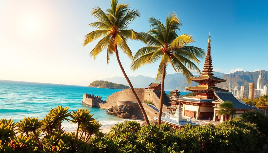 A stunning travel-themed image showcasing popular Asian destinations during their optimal travel times. In the foreground, a vibrant tropical beach with crystal-clear waters and palm trees swaying gently in the breeze. The middle ground features iconic elements like the Great Wall of China, the serene temples of Thailand, and the bustling streets of Tokyo, all bathed in warm golden sunlight. In the background, majestic mountains rise under a clear blue sky. The scene transmits a sense of adventure and tranquility, perfect for inviting travelers. Soft shadows and natural lighting enhance the peaceful atmosphere. Capture it with a wide-angle lens to vividly depict these diverse destinations, embodying the essence of travel in Asia throughout different seasons. A stunning travel-themed image showcasing popular Asian destinations during their optimal travel times. In the foreground, a vibrant tropical beach with crystal-clear waters and palm trees swaying gently in the breeze. The middle ground features iconic elements like the Great Wall of China, the serene temples of Thailand, and the bustling streets of Tokyo, all bathed in warm golden sunlight. In the background, majestic mountains rise under a clear blue sky. The scene transmits a sense of adventure and tranquility, perfect for inviting travelers. Soft shadows and natural lighting enhance the peaceful atmosphere. Capture it with a wide-angle lens to vividly depict these diverse destinations, embodying the essence of travel in Asia throughout different seasons.