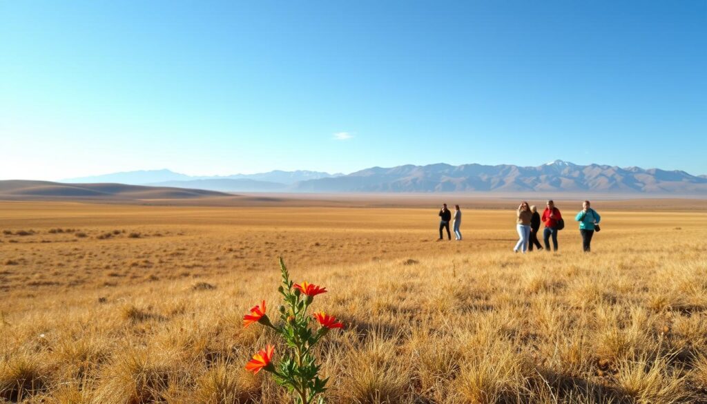 A vast, windswept steppe landscape in Central Asia, dotted with gentle rolling hills and expansive grasslands under a bright blue sky. In the foreground, a few wildflowers bloom, adding vibrant pops of color to the scene. In the middle ground, a small group of tourists in modest casual attire explore the terrain, taking photos and observing the natural beauty around them. In the background, distant mountains rise majestically, their peaks kissed by the soft light of the early morning sun, creating a serene and inviting atmosphere. The image captures a sense of adventure and exploration, emphasizing the hidden gems of Central Asia, with warm sunlight illuminating the scene, enhancing the feeling of tranquility and wonder. A vast, windswept steppe landscape in Central Asia, dotted with gentle rolling hills and expansive grasslands under a bright blue sky. In the foreground, a few wildflowers bloom, adding vibrant pops of color to the scene. In the middle ground, a small group of tourists in modest casual attire explore the terrain, taking photos and observing the natural beauty around them. In the background, distant mountains rise majestically, their peaks kissed by the soft light of the early morning sun, creating a serene and inviting atmosphere. The image captures a sense of adventure and exploration, emphasizing the hidden gems of Central Asia, with warm sunlight illuminating the scene, enhancing the feeling of tranquility and wonder.