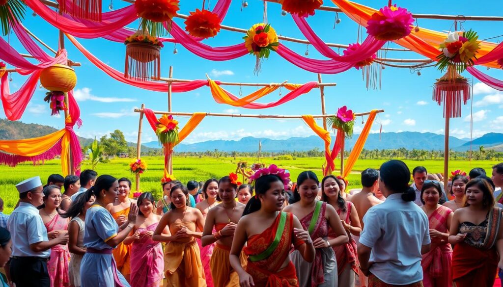 A vibrant Balinese festival scene filled with colorful decorations, traditional offerings, and celebratory activities. In the foreground, a group of diverse festival-goers dressed in modest traditional Balinese attire, joyfully participating in a ceremonial dance. The middle ground showcases elaborately adorned bamboo arches and draped fabrics, with tropical flowers adding bursts of color. In the background, lush green rice paddies meet a clear blue sky, with distant mountains adding depth to the scene. Soft, warm lighting enhances the festive atmosphere, evoking a sense of joy and cultural richness. The composition captures the dynamic and engaging spirit of Bali’s communal celebrations, inviting viewers to immerse themselves in the experience. A vibrant Balinese festival scene filled with colorful decorations, traditional offerings, and celebratory activities. In the foreground, a group of diverse festival-goers dressed in modest traditional Balinese attire, joyfully participating in a ceremonial dance. The middle ground showcases elaborately adorned bamboo arches and draped fabrics, with tropical flowers adding bursts of color. In the background, lush green rice paddies meet a clear blue sky, with distant mountains adding depth to the scene. Soft, warm lighting enhances the festive atmosphere, evoking a sense of joy and cultural richness. The composition captures the dynamic and engaging spirit of Bali’s communal celebrations, inviting viewers to immerse themselves in the experience.