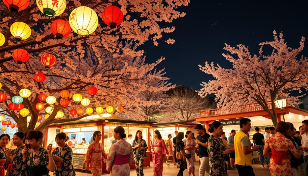 A vibrant Japanese summer festival scene, with colorful paper lanterns illuminating the night. In the foreground, families and young adults dressed in traditional yukatas joyfully participate in traditional dance and games. The middle ground features a bustling market stall selling local delicacies, such as takoyaki and yakitori, with lively vendors engaging with visitors. Cherry blossom trees provide a soft backdrop, their petals gently falling. The background reveals a traditional Shinto shrine adorned with festive decorations, under a starry sky. The atmosphere is joyful and festive, filled with laughter and music, captured in a warm, golden light to evoke a sense of wonder. A wide-angle shot showcases the full splendor of the festival.