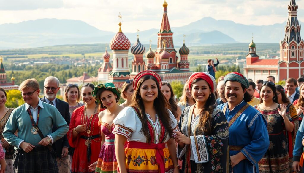 A vibrant and diverse cultural scene in Russia, showcasing a harmonious blend of various ethnic groups. In the foreground, a group of people dressed in traditional Russian and various ethnic garments, engaging in cultural activities such as dance and music. The middle ground features iconic Russian architecture, including ornate structures and vibrant colors representing different cultural influences. The background displays a picturesque landscape of Russia's expansive natural beauty, with lush greenery and distant mountains. Soft, warm lighting highlights the joyful expressions of the individuals, creating an inviting and celebratory atmosphere. The composition should be from a slightly elevated angle, capturing the richness of cultural diversity while ensuring a clear focus on the people and their interactions.