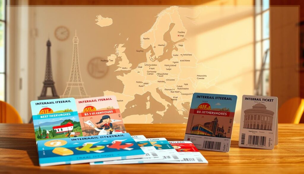 A vibrant and informative illustration depicting various types of Interrail tickets and travel costs. In the foreground, elegantly arranged Interrail tickets are showcased on a wooden table, their colorful designs inviting curiosity. Each ticket features distinctive artwork symbolizing different European destinations. In the middle ground, a transparent map of Europe is softly illuminated, highlighting popular train routes and travel expenses, creating an engaging backdrop for the tickets. The background features depictions of iconic European landmarks like the Eiffel Tower and Colosseum, slightly blurred for depth. Warm, natural lighting enhances the inviting atmosphere, evoking a sense of adventure and exploration. The image conveys a mood of excitement and wanderlust, aimed at inspiring travel enthusiasts.