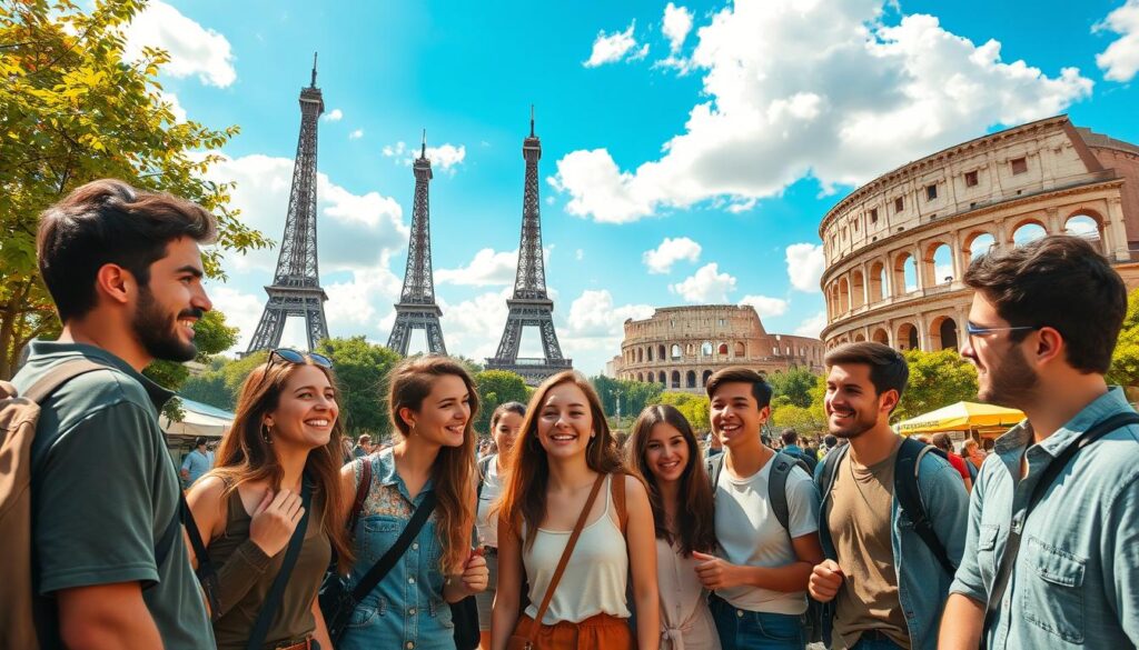 A vibrant and inviting scene showcasing the best group travel destinations for young adults in Europe. In the foreground, a diverse group of young travelers in casual, comfortable clothing gathers together, laughing and sharing experiences. In the middle ground, iconic European landmarks such as the Eiffel Tower and Colosseum stand majestically, surrounded by lush greenery and lively street vendors. The background features a bright, blue sky with fluffy white clouds, creating an uplifting atmosphere. Warm, golden sunlight bathes the scene, enhancing the cheerful ambiance. The angle is slightly elevated, capturing the camaraderie and excitement of group exploration. The overall mood is adventurous and joyful, inspiring viewers to envision their own unforgettable travel memories.
