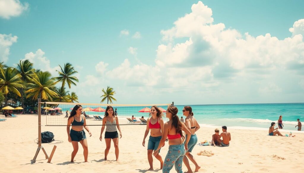 A vibrant beach scene in Thailand during the peak season, showcasing soft golden sands and gently lapping turquoise waves. In the foreground, a group of friends in modest casual attire are enjoying a beach volleyball game, laughing as they play under the warm sun. The middle ground features colorful beach umbrellas and sun loungers, with a few families relaxing and children building sandcastles. In the background, lush green palm trees sway gently in a light breeze, and a clear blue sky stretches overhead, dotted with fluffy white clouds. The lighting is bright and inviting, casting soft shadows that enhance the cheerful atmosphere. Capture a sense of joy and relaxation, emphasizing the beauty of Thailand's beaches.