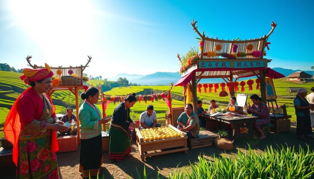 A vibrant cultural scene in Bali, showcasing a traditional local festival. In the foreground, a group of four people dressed in colorful, modest traditional Balinese attire, participating in a rice offering ceremony. In the middle, intricately decorated bamboo structures and vibrant flower arrangements create an inviting atmosphere. Local artisans can be seen engaged in traditional crafts such as weaving and painting, surrounded by lively decorations. The background features lush green rice terraces under a bright blue sky, with distant mountains adding depth to the composition. The scene is bathed in warm, golden sunlight, enhancing the joyful and festive mood of the celebration. Capture the essence of Balinese culture and its rich traditions in a dynamic, engaging manner. A vibrant cultural scene in Bali, showcasing a traditional local festival. In the foreground, a group of four people dressed in colorful, modest traditional Balinese attire, participating in a rice offering ceremony. In the middle, intricately decorated bamboo structures and vibrant flower arrangements create an inviting atmosphere. Local artisans can be seen engaged in traditional crafts such as weaving and painting, surrounded by lively decorations. The background features lush green rice terraces under a bright blue sky, with distant mountains adding depth to the composition. The scene is bathed in warm, golden sunlight, enhancing the joyful and festive mood of the celebration. Capture the essence of Balinese culture and its rich traditions in a dynamic, engaging manner.