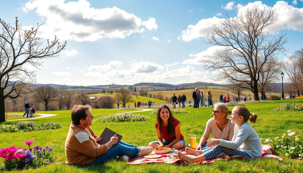 A vibrant, family-friendly travel destination in April, showcasing a scenic park filled with lush greenery and blooming flowers. In the foreground, a joyful family of four, dressed in modest casual clothing, enjoys a picnic on a colorful blanket, with laughter and smiles on their faces. The middle ground features a variety of outdoor activities like children playing on swings and couples walking hand in hand along a winding path. In the background, a picturesque landscape includes gentle hills under a bright blue sky, dotted with fluffy white clouds. Soft sunlight casts warm, inviting shadows, creating a cheerful atmosphere. The scene is viewed from a slightly elevated angle, emphasizing the beauty of spring and the joy of family leisure time together.