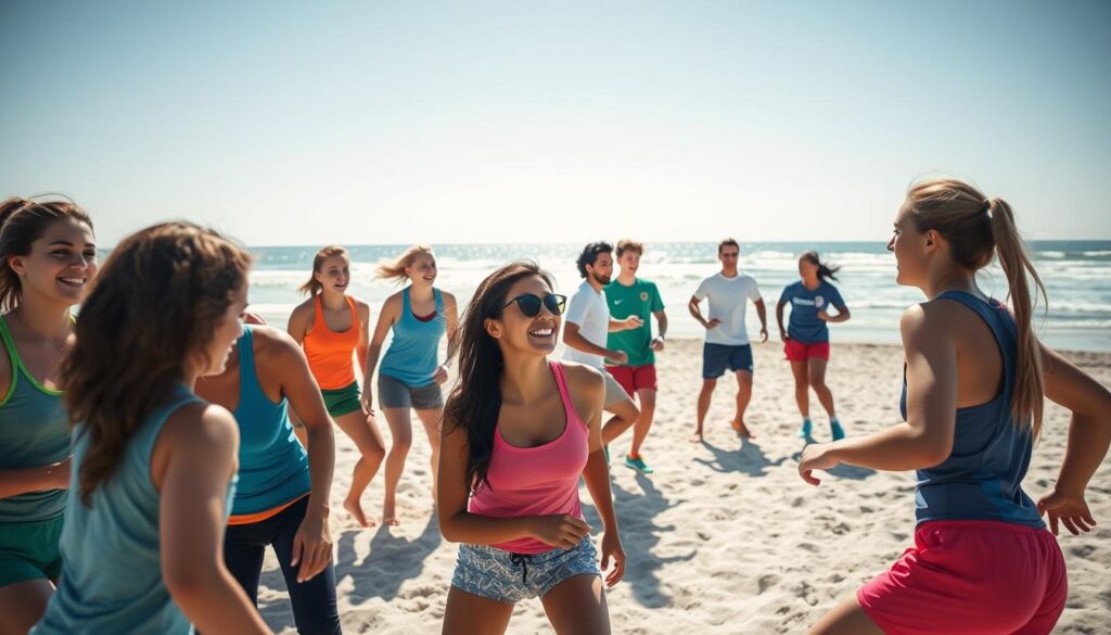 A vibrant outdoor scene showcasing young groups engaging in various sports activities. In the foreground, a diverse group of young adults in colorful athletic clothing is playing beach volleyball, their expressions full of enthusiasm and teamwork. In the middle ground, friends can be seen enjoying a friendly soccer match, surrounded by a lively atmosphere filled with laughter and encouragement. The background features a picturesque beach setting with gentle waves and a clear blue sky, enhancing the sense of adventure and freedom. Bright sunlight casts playful shadows, creating an inviting and energetic mood. The composition is captured from a slightly elevated angle, providing a dynamic view of the activities while keeping the focus on the camaraderie and excitement of youth sports adventures.
