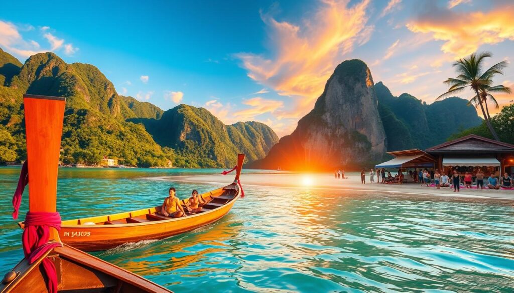 A vibrant scene depicting various seasonal activities in Thailand, focusing on bright and colorful natural landscapes. In the foreground, a traditional Thai longtail boat sails through crystal clear waters, with a backdrop of lush green mountains and swaying palm trees. The middle ground features tourists enjoying diverse activities: some are practicing yoga on the beach, while others are participating in a Thai cooking class under a vibrant market canopy. In the background, a stunning sunset bathes the sky in hues of orange and pink, reflecting a warm and inviting atmosphere. Use warm, soft lighting to enhance the mood, capturing the essence of adventure and relaxation in Thailand throughout the seasons. The image should be shot from a slightly elevated angle to showcase the picturesque landscape.