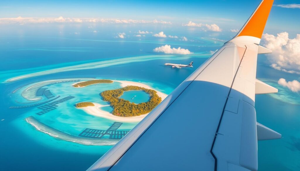 A vibrant scene illustrating air travel to the Maldives, featuring an aerial view of a modern airplane soaring above lush, turquoise waters and pristine white sandy beaches. In the foreground, the airplane’s wing is prominently displayed, reflecting the sunlight. The middle ground showcases a scattering of verdant islands dotted across the ocean, with gentle waves lapping at their shores. The background is a clear blue sky with soft, fluffy clouds, creating a serene atmosphere. The lighting is bright and warm, evoking a sense of adventure and tranquility. Emphasize the mood of excitement and anticipation as travelers embark on their journey to this tropical paradise, with no human subjects present but evoking the spirit of adventure. A vibrant scene illustrating air travel to the Maldives, featuring an aerial view of a modern airplane soaring above lush, turquoise waters and pristine white sandy beaches. In the foreground, the airplane’s wing is prominently displayed, reflecting the sunlight. The middle ground showcases a scattering of verdant islands dotted across the ocean, with gentle waves lapping at their shores. The background is a clear blue sky with soft, fluffy clouds, creating a serene atmosphere. The lighting is bright and warm, evoking a sense of adventure and tranquility. Emphasize the mood of excitement and anticipation as travelers embark on their journey to this tropical paradise, with no human subjects present but evoking the spirit of adventure.