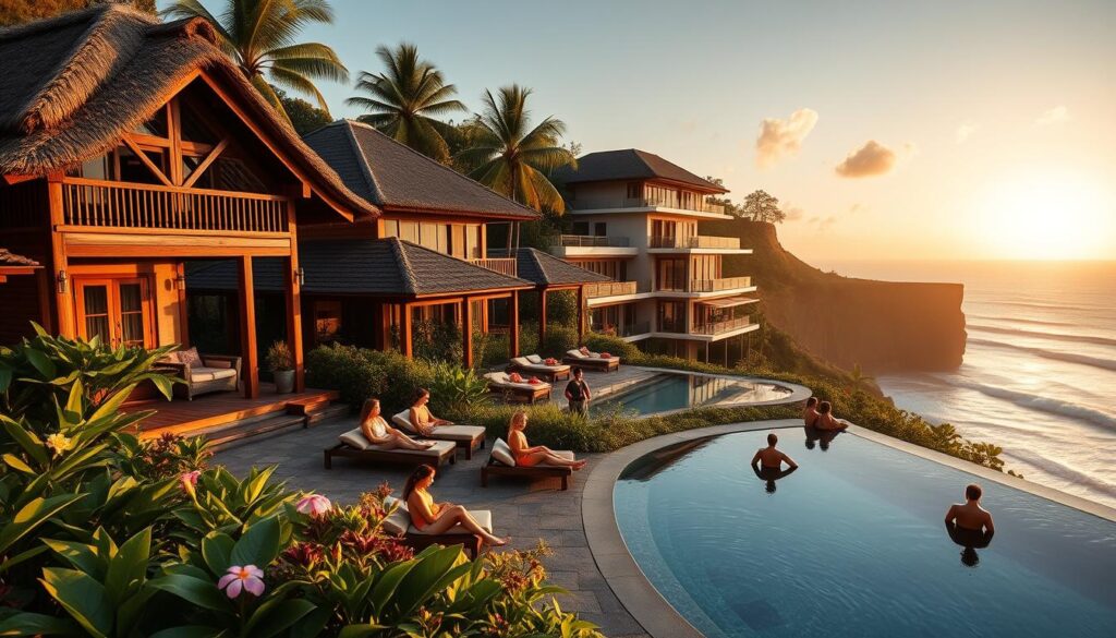 A vibrant scene showcasing a variety of hotels on the tropical island of Bali, reflecting diverse price ranges from budget-friendly guesthouses to luxurious resorts. In the foreground, depict a charming wooden bungalow with a thatched roof next to a sleek modern hotel with a stunning infinity pool. The middle ground features lush greenery, blooming tropical flowers, and guests lounging in modest casual attire, enjoying the serene atmosphere. The background reveals the iconic cliffs and ocean waves under a warm sunset, casting soft golden light that enhances the inviting mood. Use a wide-angle lens perspective to capture the expansive beauty of Bali while ensuring a rich, warm color palette that conveys relaxation and adventure. A vibrant scene showcasing a variety of hotels on the tropical island of Bali, reflecting diverse price ranges from budget-friendly guesthouses to luxurious resorts. In the foreground, depict a charming wooden bungalow with a thatched roof next to a sleek modern hotel with a stunning infinity pool. The middle ground features lush greenery, blooming tropical flowers, and guests lounging in modest casual attire, enjoying the serene atmosphere. The background reveals the iconic cliffs and ocean waves under a warm sunset, casting soft golden light that enhances the inviting mood. Use a wide-angle lens perspective to capture the expansive beauty of Bali while ensuring a rich, warm color palette that conveys relaxation and adventure.