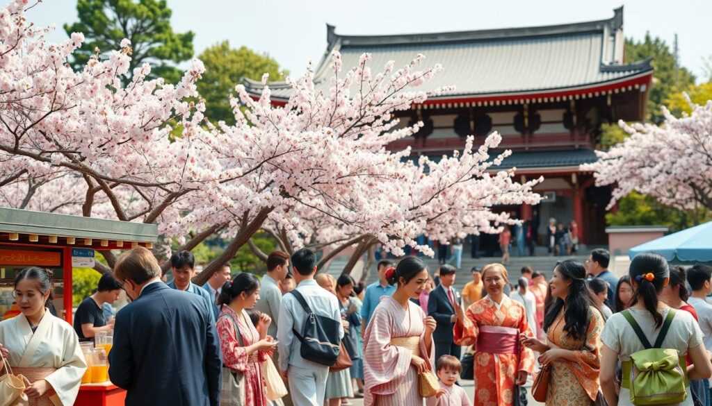 A vibrant scene showcasing cultural events in Japan during the spring season. In the foreground, a diverse group of people in modest, colorful traditional clothing, such as kimonos and yukatas, participate in a cherry blossom festival, enjoying food stalls with traditional Japanese snacks. In the middle ground, cherry trees bloom in full splendor, their pink petals gently falling, while children play and couples take photos. The background features a historic shrine or temple with intricate architecture, surrounded by lush greenery. Soft, natural lighting bathes the scene, highlighting the joyful atmosphere, with a shallow depth of field that accentuates the subjects in focus against a softly blurred backdrop. The mood is festive and serene, reflecting the ideal time for cultural experiences in Japan.