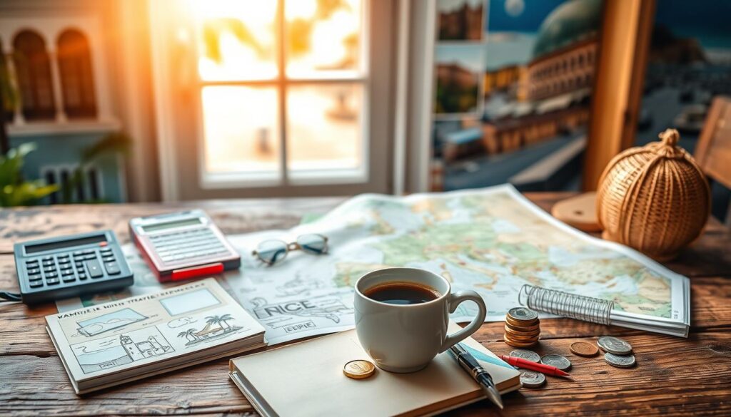 A vibrant travel budget scene for October in Europe, showcasing a rustic wooden table adorned with travel essentials like a detailed map of warmer European destinations, a calculator, and a charming stack of Euro coins. In the foreground, include a cup of steaming coffee and a notebook with sketches of various famous landmarks like palm trees and sunny beaches. The middle ground features a soft sunlit window, evoking a cozy atmosphere with golden light streaming in, while the background displays blurred images of alluring coastal cities like Barcelona and Nice. The overall mood is inviting and adventurous, inspiring warmth and wanderlust. Capture it with a warm color palette, emphasizing natural textures, with a shallow depth of field to focus on the table's travel elements. A vibrant travel budget scene for October in Europe, showcasing a rustic wooden table adorned with travel essentials like a detailed map of warmer European destinations, a calculator, and a charming stack of Euro coins. In the foreground, include a cup of steaming coffee and a notebook with sketches of various famous landmarks like palm trees and sunny beaches. The middle ground features a soft sunlit window, evoking a cozy atmosphere with golden light streaming in, while the background displays blurred images of alluring coastal cities like Barcelona and Nice. The overall mood is inviting and adventurous, inspiring warmth and wanderlust. Capture it with a warm color palette, emphasizing natural textures, with a shallow depth of field to focus on the table's travel elements.