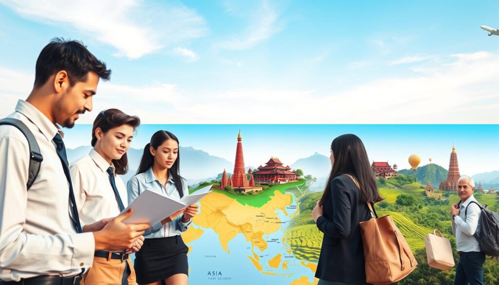 A vibrant travel scene depicting the best times to visit Asia for amazing deals. In the foreground, a diverse group of travelers, dressed in professional business attire and modest casual clothing, are examining brochures and engaging in discussions over a map of Asia. The middle ground features picturesque landscapes, including iconic Asian landmarks such as ancient temples and lush rice paddies, symbolizing both high season and low prices. The background presents a clear blue sky with soft, warm lighting that suggests early morning or late afternoon, creating an inviting atmosphere. Use a wide-angle lens to capture the full scope of the scene, highlighting the excitement and adventure of discovering Asia's hidden gems during optimal travel seasons. A vibrant travel scene depicting the best times to visit Asia for amazing deals. In the foreground, a diverse group of travelers, dressed in professional business attire and modest casual clothing, are examining brochures and engaging in discussions over a map of Asia. The middle ground features picturesque landscapes, including iconic Asian landmarks such as ancient temples and lush rice paddies, symbolizing both high season and low prices. The background presents a clear blue sky with soft, warm lighting that suggests early morning or late afternoon, creating an inviting atmosphere. Use a wide-angle lens to capture the full scope of the scene, highlighting the excitement and adventure of discovering Asia's hidden gems during optimal travel seasons.