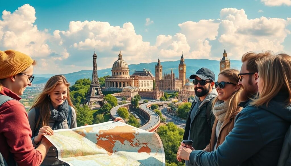 A vibrant travel scene depicting the essence of interrailing through Europe. In the foreground, a group of diverse travelers, dressed in casual yet stylish clothing, are gathered around a detailed travel planner and map, eagerly discussing their upcoming journeys. In the middle, a rich blend of iconic European landmarks—like the Eiffel Tower, Colosseum, and Big Ben—bumble along a scenic train route that snakes through lush green landscapes and picturesque towns. The background features a bright blue sky with soft, fluffy clouds, bathed in warm sunlight, enhancing a sense of adventure and excitement. Capture this scene with a wide-angle lens to emphasize the travelers' enthusiasm against a breathtaking backdrop of cultural landmarks, evoking a mood of exploration and wanderlust. A vibrant travel scene depicting the essence of interrailing through Europe. In the foreground, a group of diverse travelers, dressed in casual yet stylish clothing, are gathered around a detailed travel planner and map, eagerly discussing their upcoming journeys. In the middle, a rich blend of iconic European landmarks—like the Eiffel Tower, Colosseum, and Big Ben—bumble along a scenic train route that snakes through lush green landscapes and picturesque towns. The background features a bright blue sky with soft, fluffy clouds, bathed in warm sunlight, enhancing a sense of adventure and excitement. Capture this scene with a wide-angle lens to emphasize the travelers' enthusiasm against a breathtaking backdrop of cultural landmarks, evoking a mood of exploration and wanderlust.