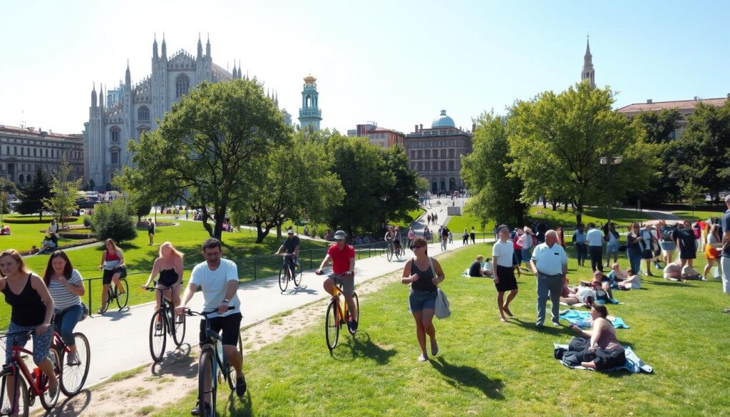 Vibrant outdoor scene in Milan, featuring people engaging in various activities like cycling, picnicking, and walking in a lush green park. Foreground includes a group of diverse individuals dressed in casual but modest summer attire, enjoying their time on a sunny day. In the middle, people are riding bicycles along a scenic pathway lined with trees, as others relax on blankets on the grass. The background showcases iconic Milanese architecture, blending modern and historical buildings under a bright blue sky. Soft sunlight casts gentle shadows, creating a warm and inviting atmosphere. A wide-angle perspective highlights the liveliness of the space, conveying a sense of adventure and relaxation in the heart of Milan. Vibrant outdoor scene in Milan, featuring people engaging in various activities like cycling, picnicking, and walking in a lush green park. Foreground includes a group of diverse individuals dressed in casual but modest summer attire, enjoying their time on a sunny day. In the middle, people are riding bicycles along a scenic pathway lined with trees, as others relax on blankets on the grass. The background showcases iconic Milanese architecture, blending modern and historical buildings under a bright blue sky. Soft sunlight casts gentle shadows, creating a warm and inviting atmosphere. A wide-angle perspective highlights the liveliness of the space, conveying a sense of adventure and relaxation in the heart of Milan.